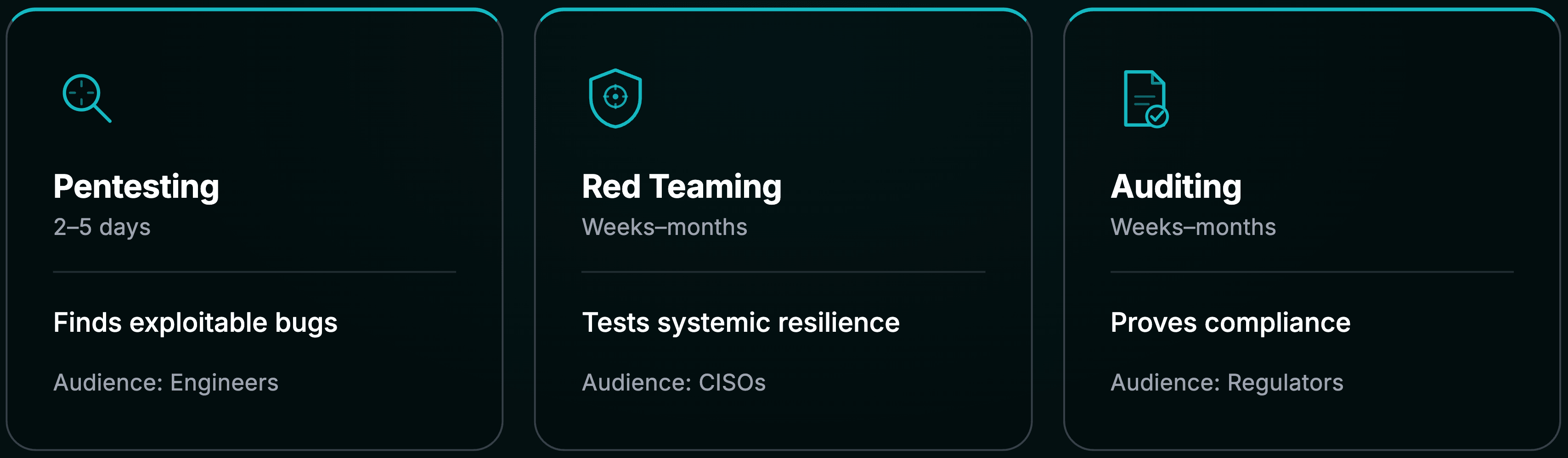 Pentesting vs Red Teaming vs Auditing Comparison