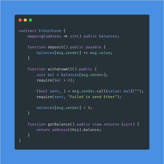 EtherStore contract with deposit and withdrawAll
